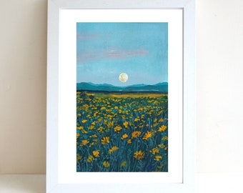 Sunset Gouache Illustration Art Print, A4 art print, Gouache painting, Landscape art print, Wall deco, Forest art print, Flower print