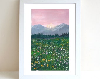 Sunset Gouache Illustration Art Print, A4 art print, Gouache painting, Landscape art print, Wall deco, Forest art print, Flower print