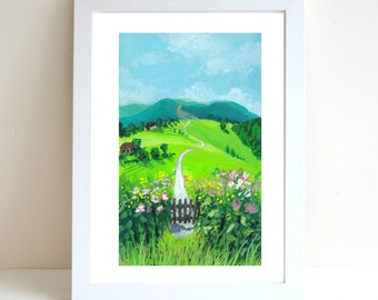 Spring Flower Field Gouache Illustration Art Print, A4 art print, Gouache painting, Landscape art print, Wall deco, Forest art print