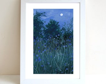 Night Flower Field Gouache Illustration Art Print, A4 art print, Gouache painting, Landscape art print, Wall deco, Forest art print