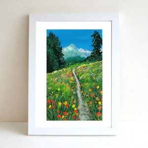 Forest Flower Pathway Gouache Illustration Art Print, A4 art print, Gouache painting, Landscape art print, Wall deco, Forest art print