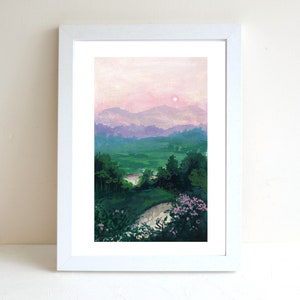Sunset Gouache Illustration Art Print, A4 art print, Gouache painting, Landscape art print, Wall deco, Forest art print, postcard