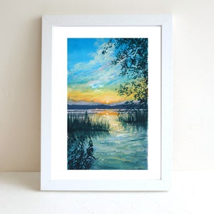 Sunset Lakeside Gouache Illustration Art Print, A4 art print, Gouache painting, Landscape art print, Wall deco, Forest art print, postcard
