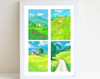 Spring Flower Landscape Gouache Illustration Art Print, A4 art print, Gouache painting, Landscape art print, Wall deco, Set of 4