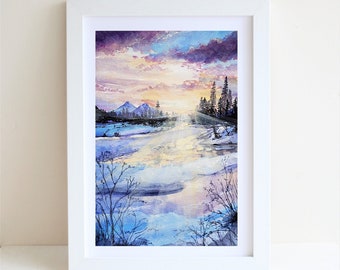 Winter Gouache Illustration Art Print, A4 art print, Gouache painting, Landscape art print, Wall deco, Watercolor painting, postcard