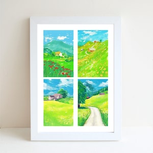 Spring Flower Landscape Gouache Illustration Art Print, A4 art print, Gouache painting, Landscape art print, Wall deco, Set of 4