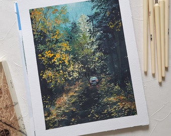 Autumn misty forest Gouache Original Painting, Gouache painting, Landscape original painting, Wall deco, Forest art, Watercolor painting