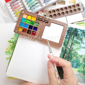 Paleta de madera, paleta de acuarela portátil de madera de nogal, paleta de viaje pequeña, regalos de artistas, gouache 8/12/15/16/24 pozos, paleta de bolsillo
