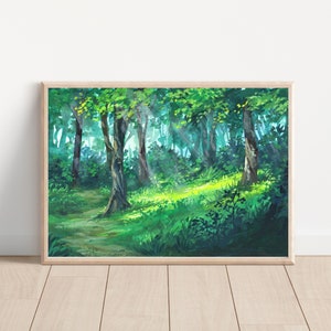 Zielony Las Gwasz Art Print, Art Print A4, Malarstwo gwaszowe, Krajobraz Art Print, Dekoracja ścienna, Las Art Print, pocztówka, A5, A6