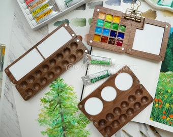 Wooden palette, Walnut Wood Portable Watercolor Palette, Tiny Travel Palette, Artists Gifts, Gouache 8/12/15/16/24 wells,Pocket Palette