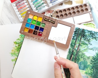 Wooden palette, Walnut Wood Portable Watercolor Palette, Tiny Travel Palette, Artists Gifts, Gouache 8/12/15/16/24 wells,Pocket Palette