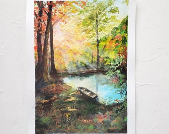 Autumn Forest Gouache Original Painting, Gouache painting, Landscape original painting, Wall deco, Forest art, Watercolor painting