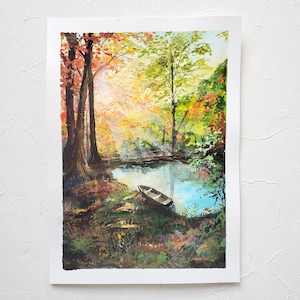Autumn Forest Gouache Original Painting, Gouache painting, Landscape original painting, Wall deco, Forest art, Watercolor painting