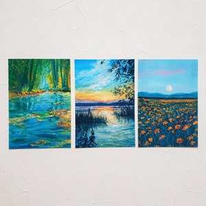Gouache Sunset Painting Post Card, set 3 stuks, postkaart set, Gouache schilderij ansichtkaart, Landschapspostkaart, 4x6 prints, A6 prints