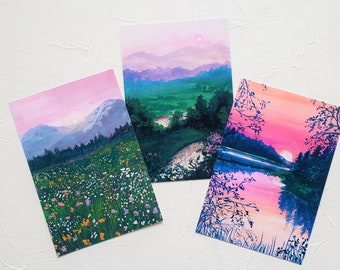 Gouache Sunset Painting Post Card, set 3pcs, post card set, Gouache painting post card, Landscape post card, 4x6 prints, A6 prints
