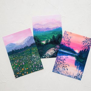 Gouache Sunset Painting Post Card, set 3pcs, post card set, Gouache painting post card, Landscape post card, 4x6 prints, A6 prints