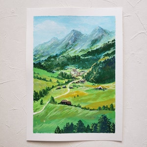 Mountain Landscape Gouache Original Painting, Gouache painting, Landscape original painting, Wall deco, Forest art, Watercolor painting