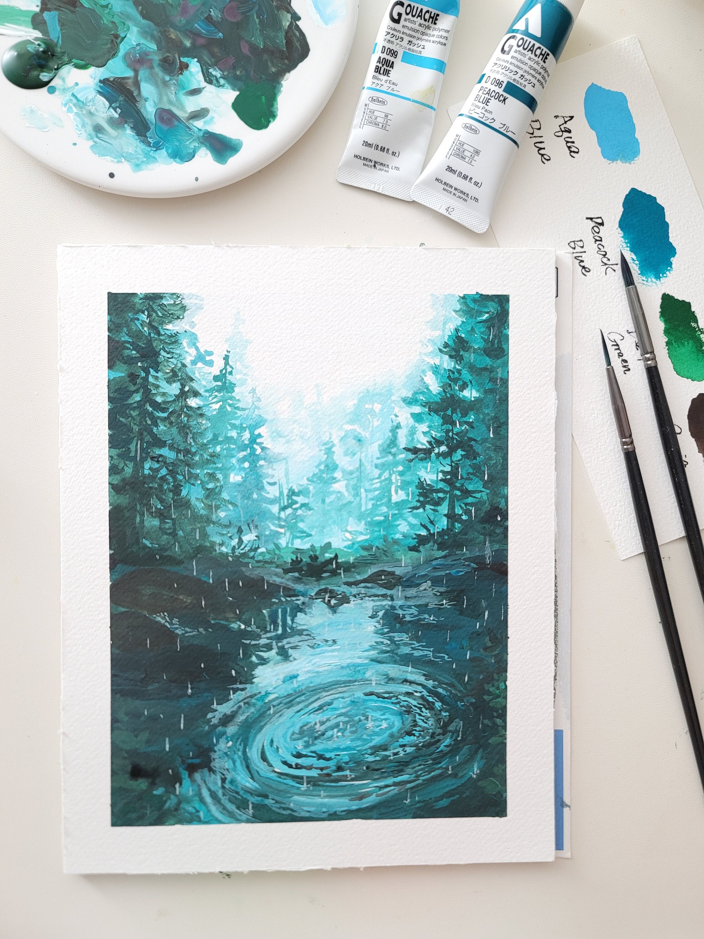Raining forest Gouache Original Painting, Gouache painting, Landscape original painting, Wall deco, Forest art, Watercolor painting