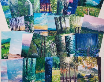 Gouache Illustration Post Card, set 35pcs, post card set, Art Print, A4 art print, Gouache painting, Landscape post card