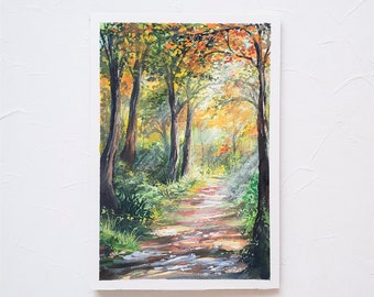 Autumn Forest Gouache Original Painting, Gouache painting, Landscape original painting, Wall deco, Forest art, Watercolor painting