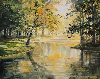 Autumn Forest Gouache Original Painting, Gouache painting, Landscape original painting, Wall deco, Forest art, Watercolor painting