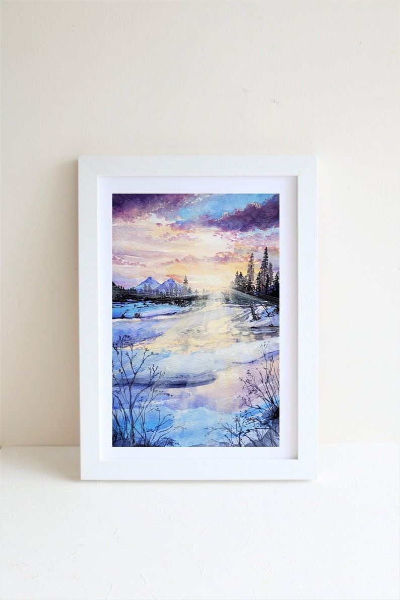 Winter Gouache Illustration Art Print, A4 art print, Gouache painting, Landscape art print, Wall deco, Watercolor painting, postcard image 1