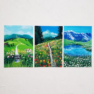 Gouache Forest Flower Painting Post Card, set 3 stuks, postkaart set, Gouache schilderij postkaart, Landschapspostkaart, 4x6, A6, Gouache print
