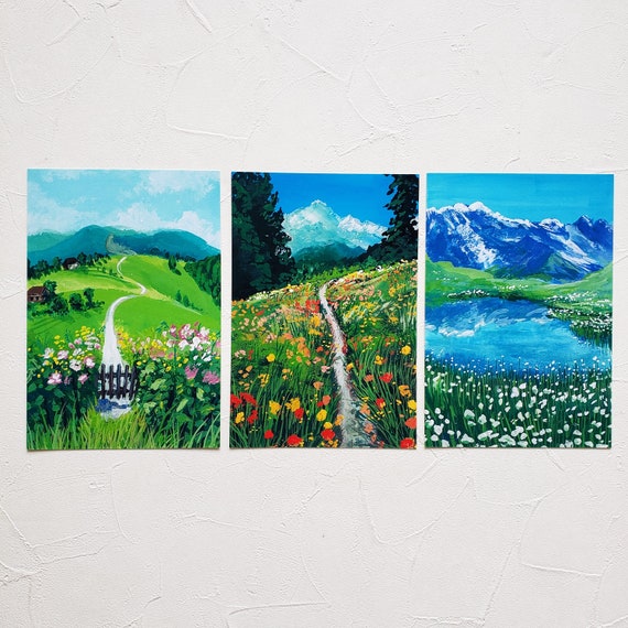 Gouache Forest Flower Painting Post Card, set 3pcs, post card set, Gouache painting post card, Landscape post card, 4x6, A6, Gouache print