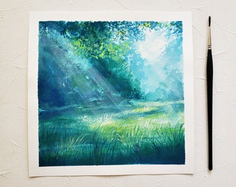 Forest Light Gouache Original Painting, Gouache painting, Landscape original painting, Wall deco, Forest art, Watercolor painting