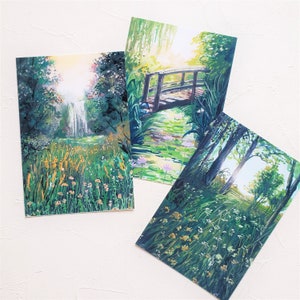 Gouache Forest Schilderij Post Card, set 3pcs, postkaart set, Gouache schilderij postkaart, Landschapskaart, 4x6, A6