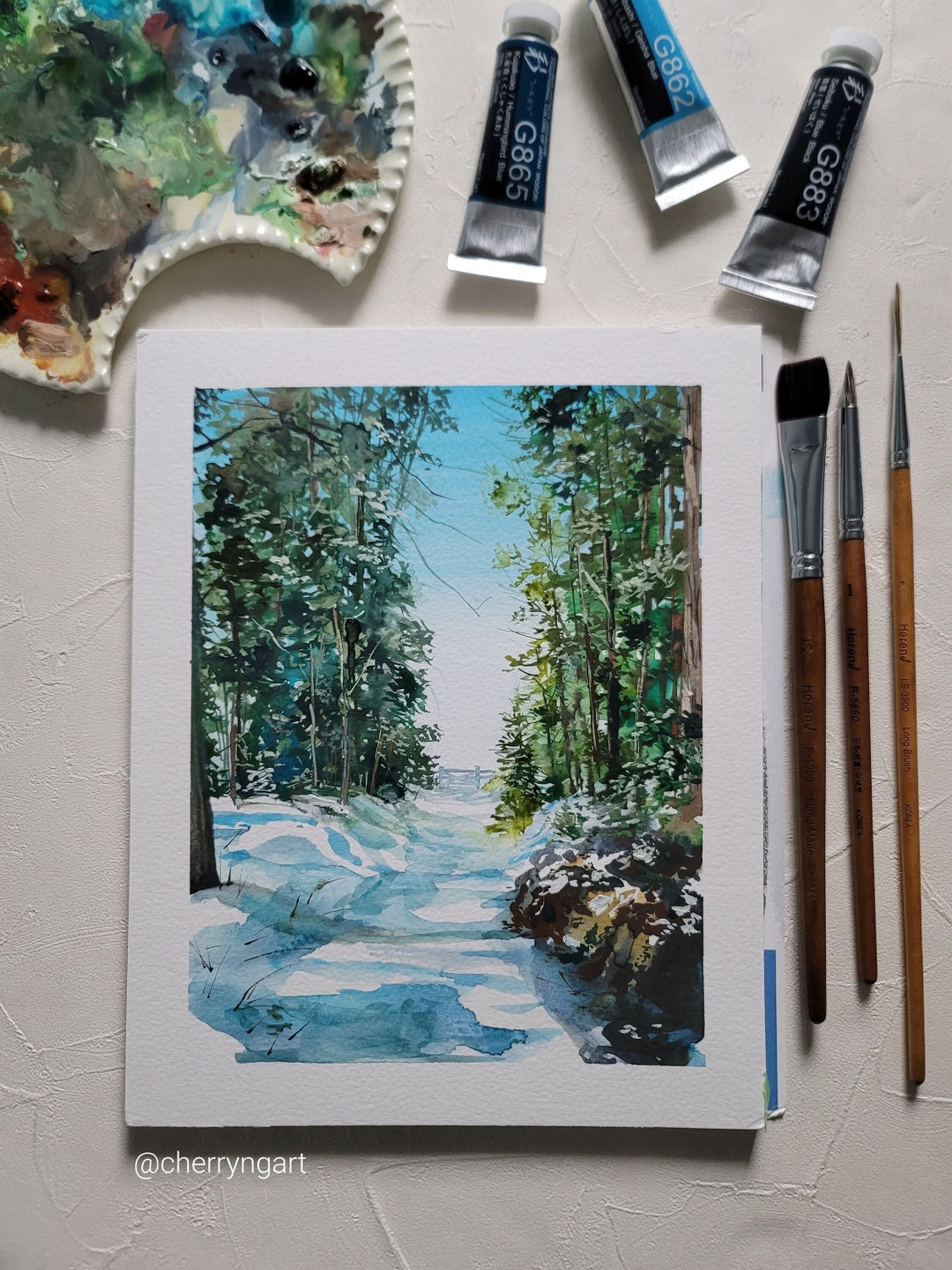 Gouache Pathways Winter Snow Pathway Gouache Original Painting, Gouache Painting ...
