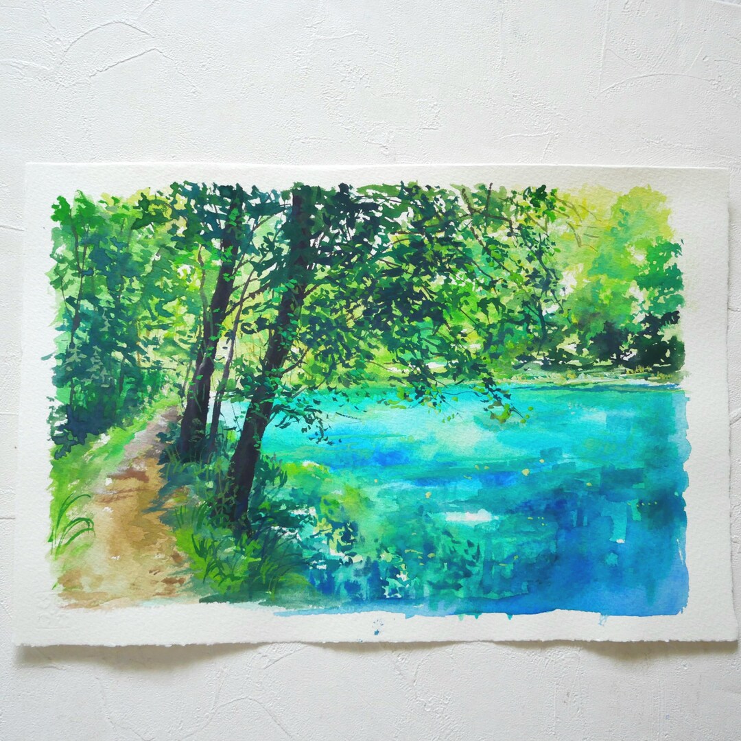 夏の森のグアッシュ原画、グアッシュ画、風景の原画、壁飾り、森の