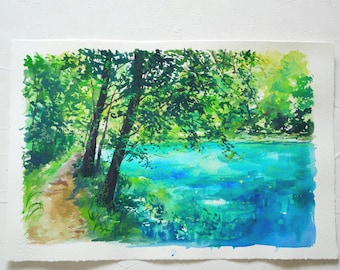 夏の森のグアッシュ原画、グアッシュ画、風景の原画、壁飾り、森の