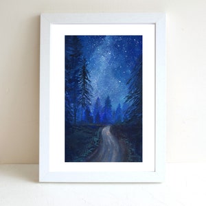 Via Lattea Galassia Gouache Illustrazione Stampa d'arte, Stampa d'arte A4, Pittura a guazzo, Stampa d'arte paesaggistica, Wall deco, Stampa d'arte della foresta, cartolina