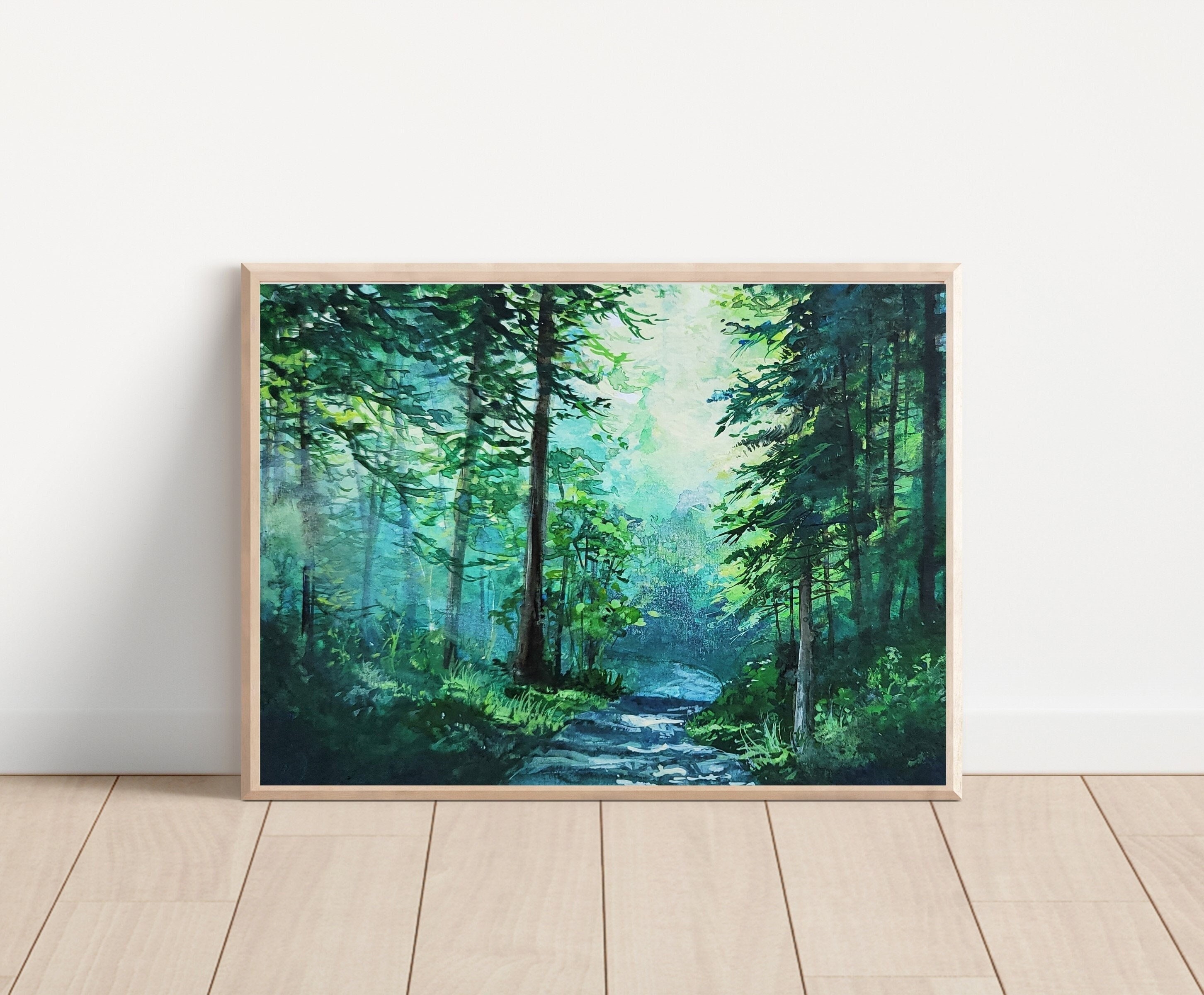 Forest Gouache Schilderij Art Print, A4 art print, Gouache schilderij, Landschap kunst print, Wall deco, Forest art print, ansichtkaart