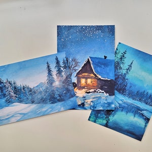 Gouache besneeuwde blauwe landschapsschilderij postkaart, set 3pcs, postkaartenset, gouache schilderij postkaart, landschapspostkaart, 4x6, A6