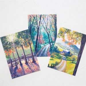 Gouache Herfst Bos Bloem Schilderij Post Card, set 3 stuks, ansichtkaart set, Landschapspostkaart, 4x6, A6, Gouache print
