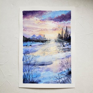 Winter Gouache Illustration Art Print, A4 art print, Gouache painting, Landscape art print, Wall deco, Watercolor painting, postcard image 2