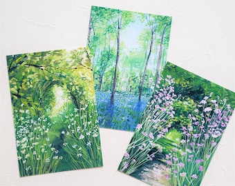 Gouache Forest Flower Painting Post Card, set 3pcs, post card set, Gouache painting post card, Landscape post card, 4x6, A6, Gouache print