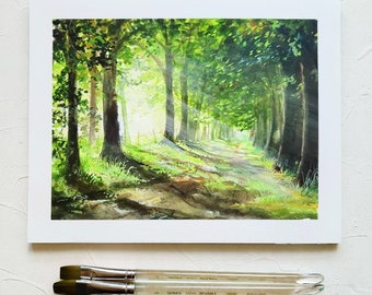 Forest Light Gouache Original Painting, Gouache painting, Landscape original painting, Wall deco, Forest art, Watercolor painting