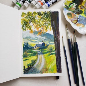 Autunno Villaggio Gouache Illustrazione Stampa d'arte, Stampa d'arte A4, Pittura a guazzo, Stampa d'arte paesaggistica, Wall deco, Stampa d'arte della foresta, cartolina