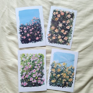 Cartão postal de pintura de flor rosa guache, conjunto de 4 peças, conjunto de cartão postal, cartão postal de pintura guache, cartão postal de paisagem, 4x6, A6, impressão guache