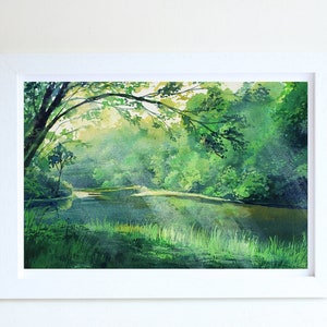 Forest Light Gouache Illustration Art Print, A4 art print, Gouache painting, Landscape art print, Wall deco, Forest art print, postcard