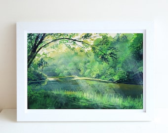 Bos Licht Gouache Illustratie Art Print, A4 art print, Gouache schilderij, Landschap kunst print, Wall deco, Forest art print, ansichtkaart