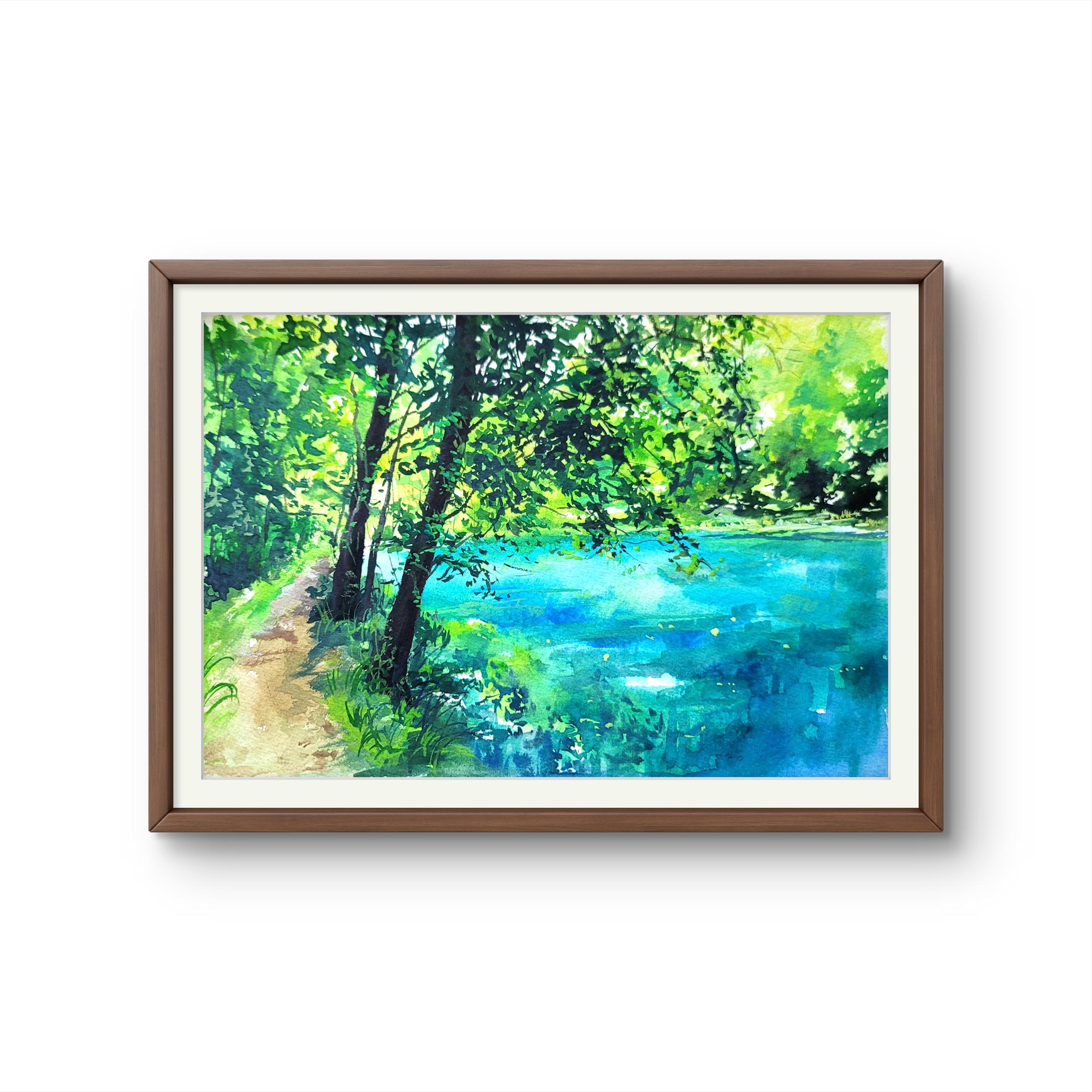 夏の森のグアッシュ原画、グアッシュ画、風景の原画、壁飾り、森の