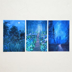 Gouache Blauw Landschap Schilderij Post Card, set 3pcs, postkaart set, Gouache schilderij postkaart, Landschapspostkaart, 4x6, A6
