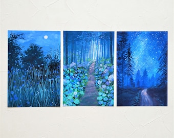 Gouache Blue Landscape Painting Post Card, set 3pcs, post card set, Gouache painting post card, Landscape post card, 4x6, A6