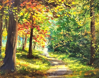 Autumn Forest Gouache Original Painting, Gouache painting, Landscape original painting, Wall deco, Forest art, Watercolor painting