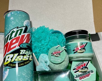 Mountain Dew Baja Blast -  Bath Gift Set 20 Oz Tumbler | Baja scented Candle,  Baja Bath Bomb & Triple Butter Body Soap and More