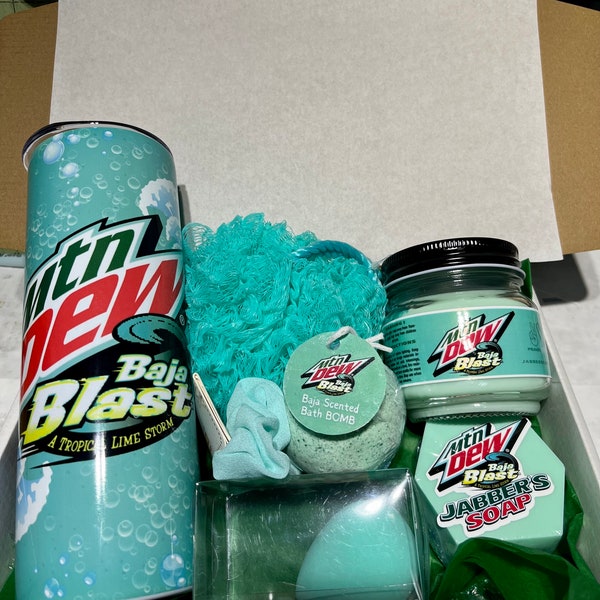 Mountain Dew Baja Blast - Coffret cadeau pour le bain Gobelet 20 oz | Bougie parfumée Baja, bombe de bain Baja, savon pour le corps triple beurre et plus